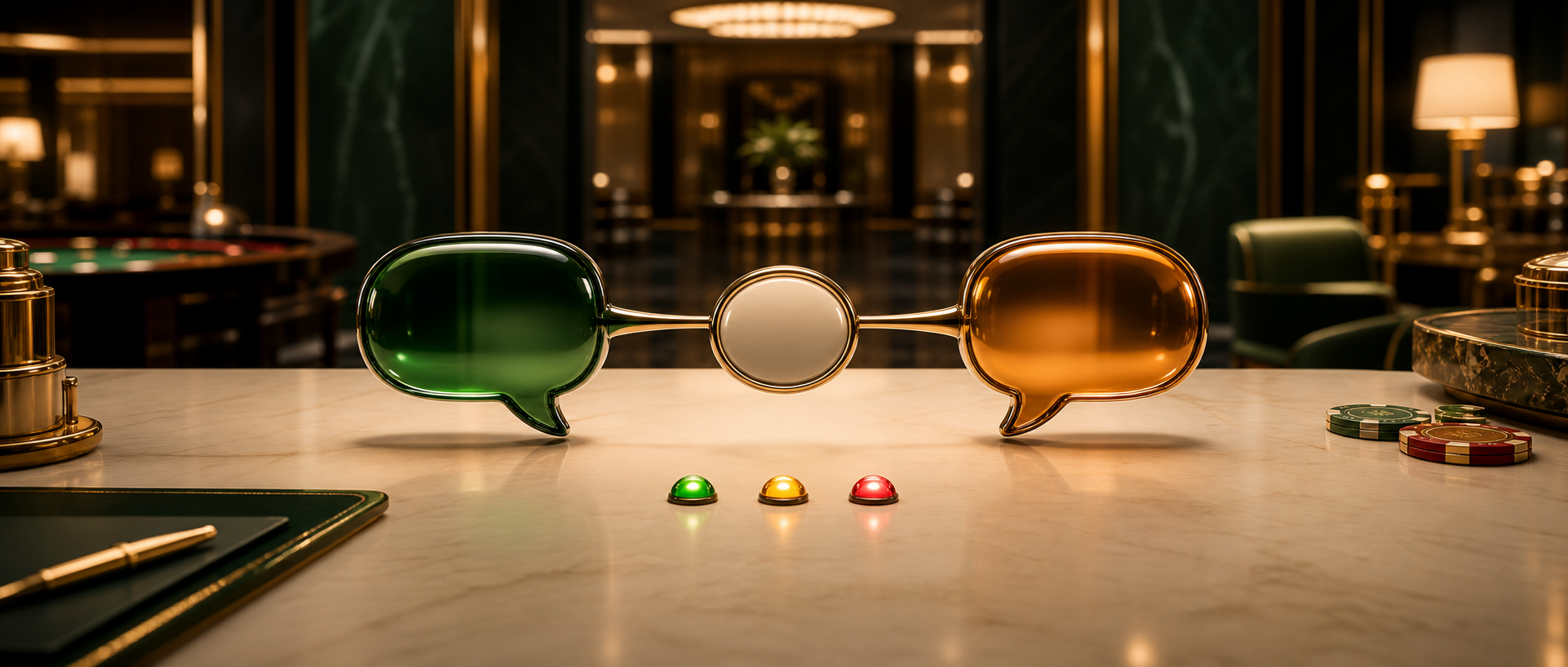Two abstract speech bubbles connected by a neutral mediating node, with status dots in green, amber and red, flat vector on white; represents a complaint resolution process. No faces or human figures.