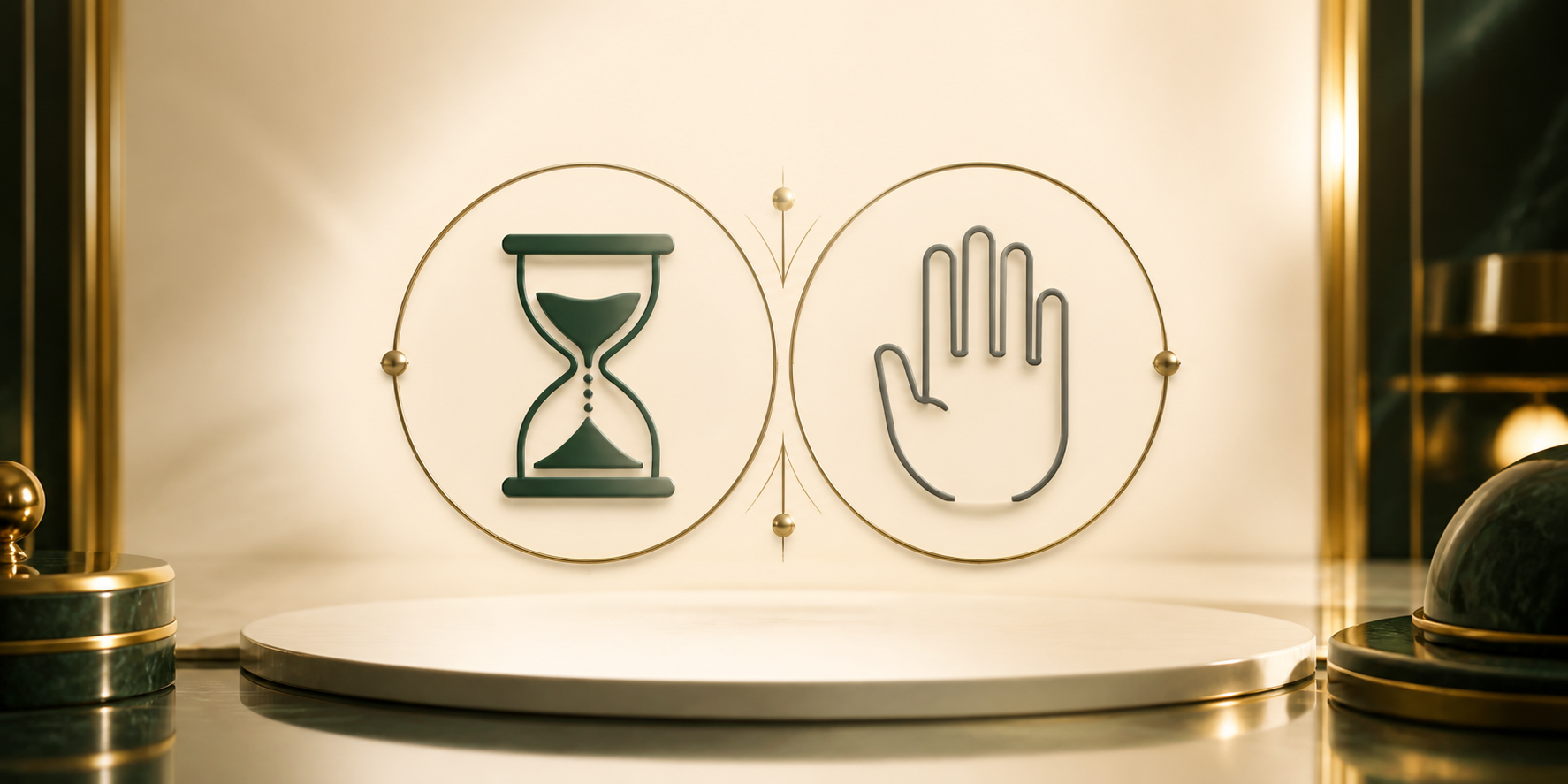 Calm abstract composition: an hourglass and a hand-stop glyph rendered as simple line icons in green and slate on a pale background, conveying time limits and self-control tools. Sober, non-promotional mood; no money, chips or game elements.