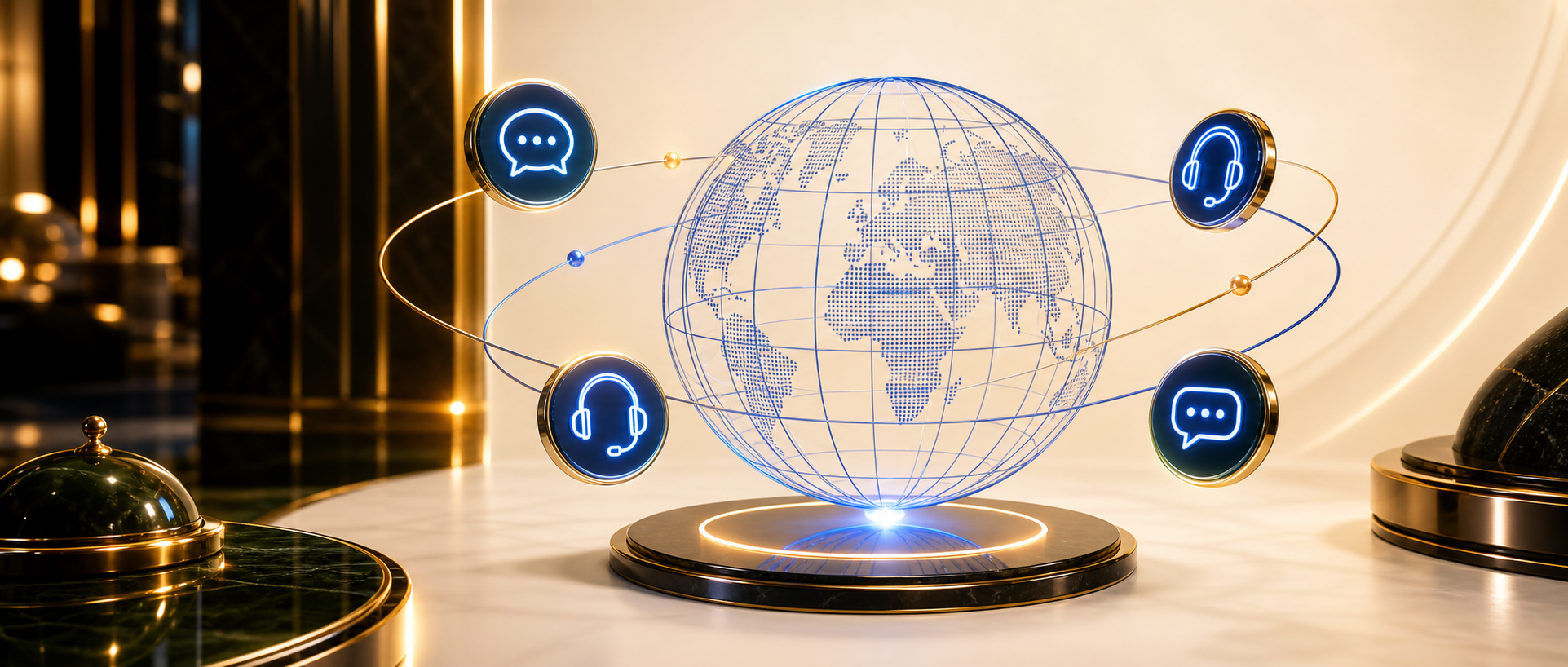 Stylized wireframe globe with small abstract chat and headset glyphs orbiting it, flat line-art in blue (#007dff) on light background; conveys multilingual customer support availability. No flags of specific countries, no people.